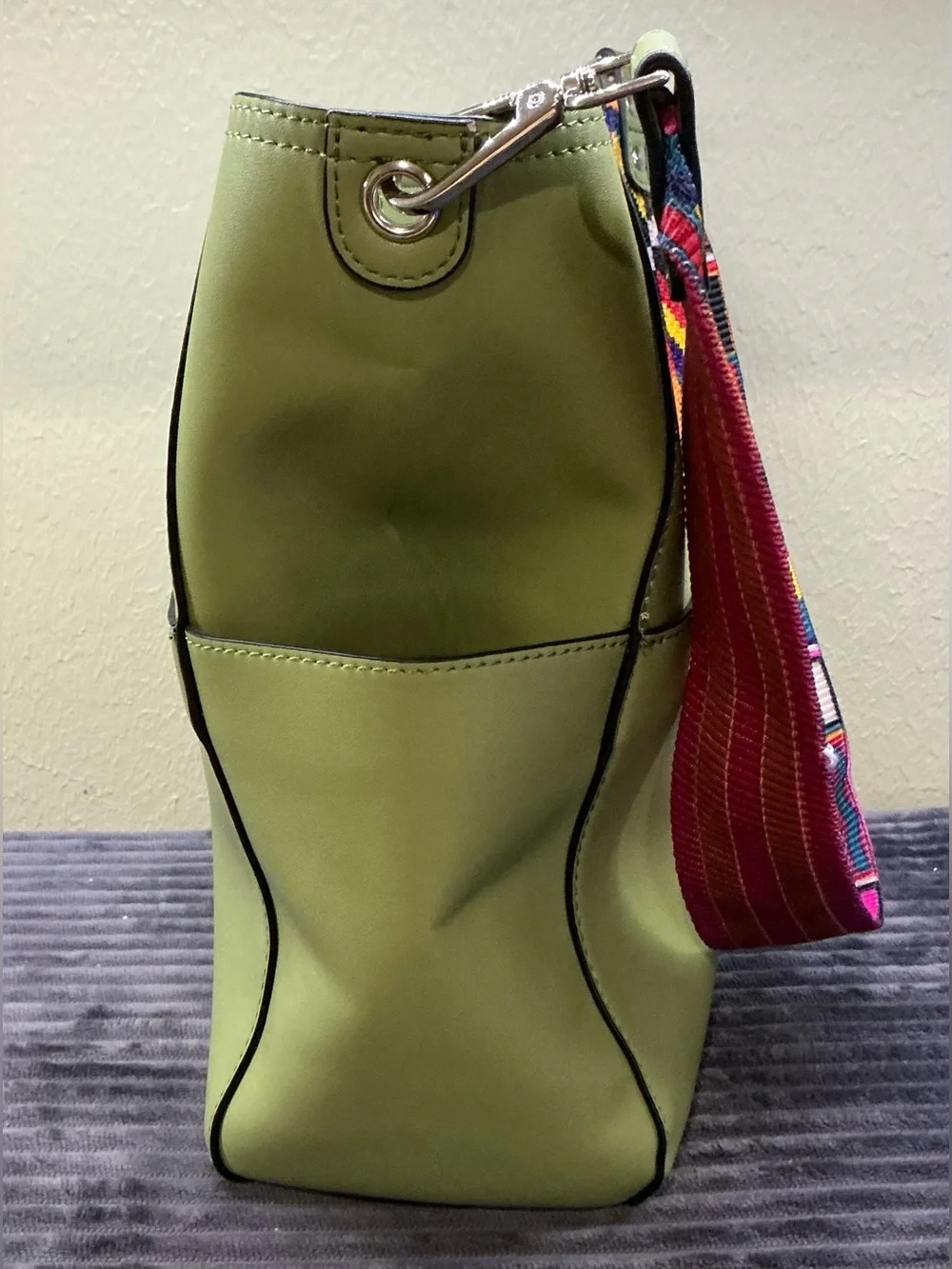NWOT Bromen Vegan Leather Hobo Bucket Bag  Purse Green Multi Color Guitar Strap